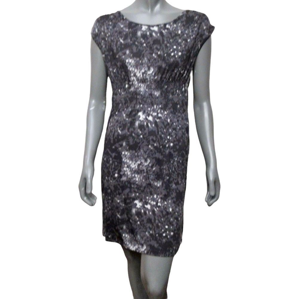 Kensie Womens Dress Gray Black White Printed Short Sleeve Mini Smocked Casual M